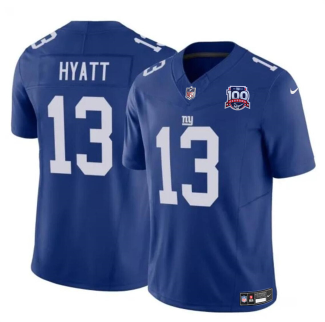 Men's New York Giants #13 Jalin Hyatt Blue 2024 F.U.S.E. 100TH Season Patch Vapor Untouchable Limited Football Stitched Jersey